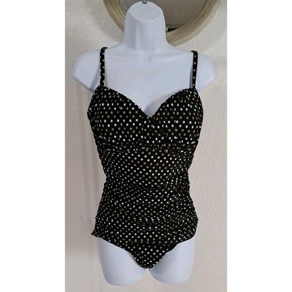 Miraclesuit Rialto 1-PC Swimsuit Spot On 16-18 Black Olive Polk-a-dot Ruched - Picture 1 of 12